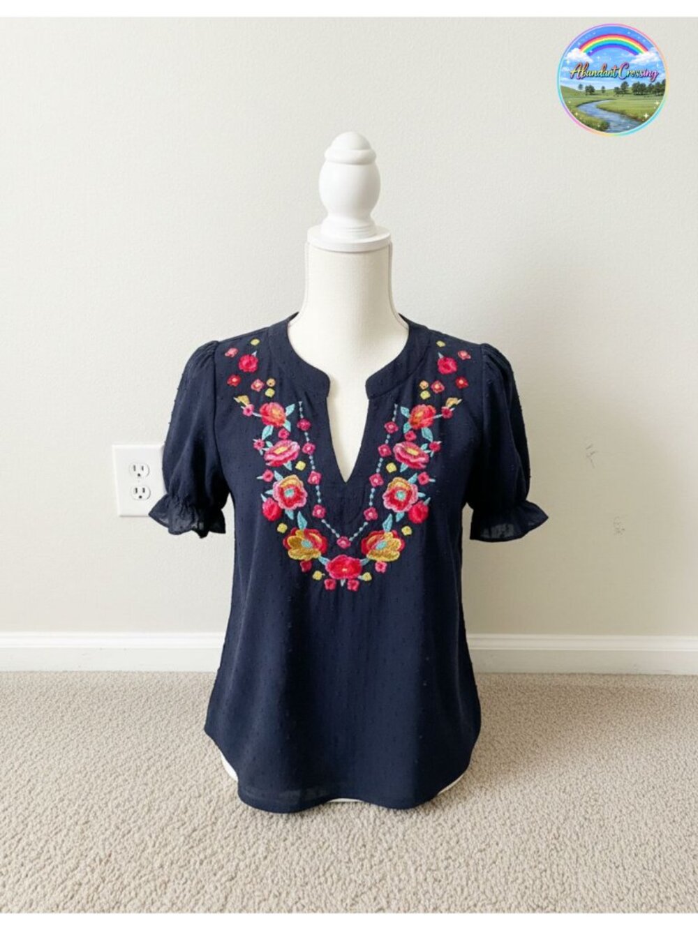 Women's Floral Embroidered V Neck Puff Sleeve Summer Blouse Loose Fit Casual Top